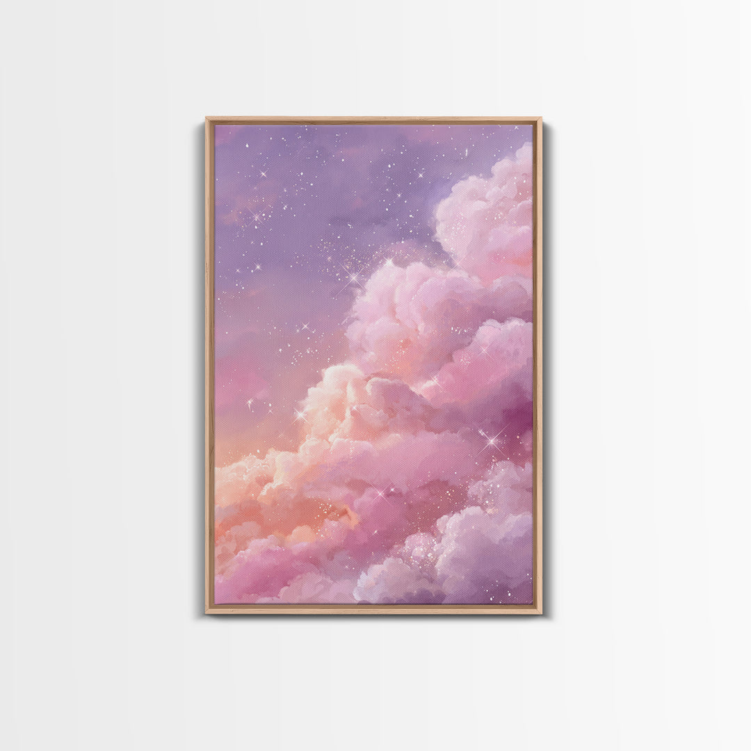 Sparkling Pink Clouds Under Starry Sky Canvas Print, Celestial Wall Art For Dreamy Bedroom Decor And Whimsical Nursery Decor