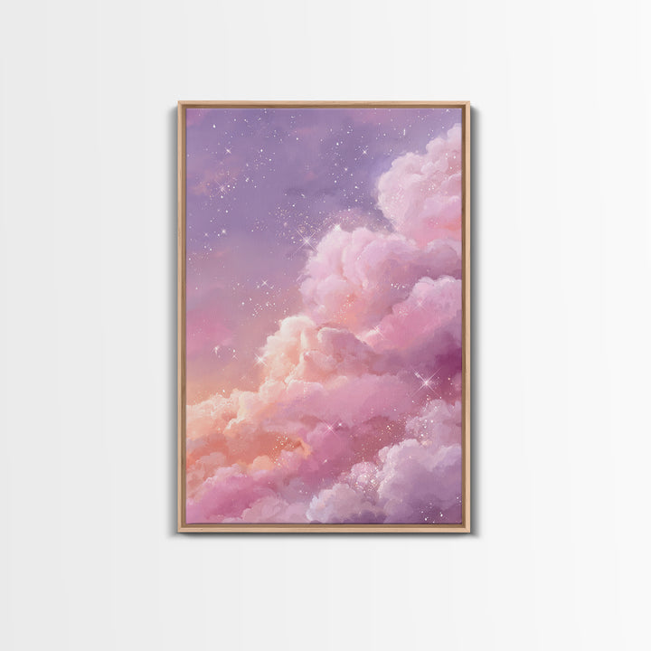 Sparkling Pink Clouds Under Starry Sky Canvas Print, Celestial Wall Art For Dreamy Bedroom Decor And Whimsical Nursery Decor
