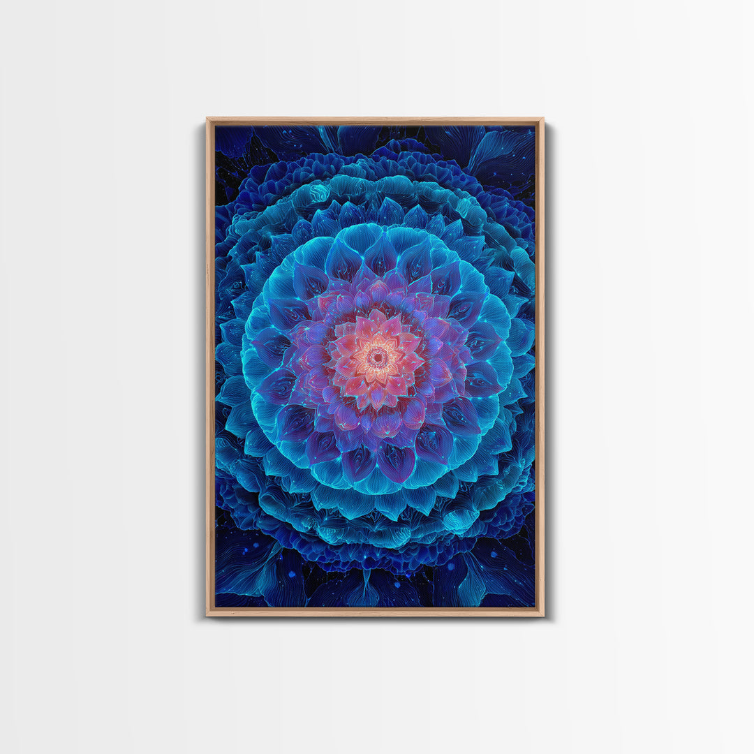 Glowing Blue Lotus Mandala Framed Canvas Print, Spiritual Wall Art, Meditation Decor, Celestial Abstract Art For Yoga Room