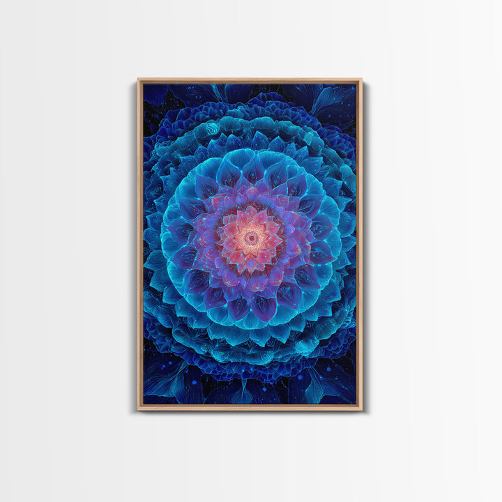 Glowing Blue Lotus Mandala Framed Canvas Print, Spiritual Wall Art, Meditation Decor, Celestial Abstract Art For Yoga Room