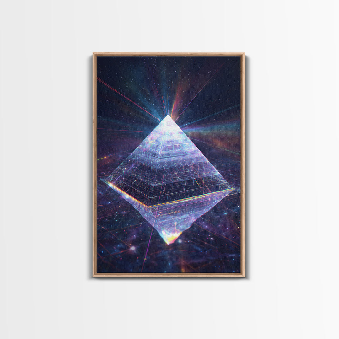 Glowing Crystal Pyramid Framed Canvas Print, Celestial Space Wall Art, Sacred Geometry Decor For Modern Home And Office Decor