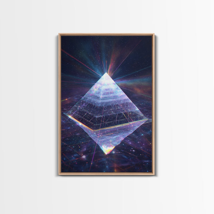 Glowing Crystal Pyramid Framed Canvas Print, Celestial Space Wall Art, Sacred Geometry Decor For Modern Home And Office Decor