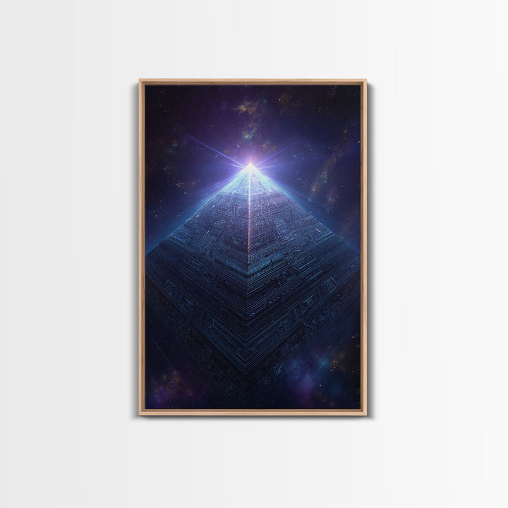 Luminous Cosmic Pyramid In Starry Space Wall Art, Geometric Sci Fi Art Print, Futuristic Decor, Mystical Statement Wall Art