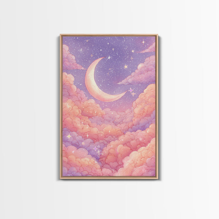 Pastel Crescent Moon In Pink Clouds Wall Art, Celestial Nursery Art, Dreamy Moon And Stars Decor For Bedroom Wall Decor Gift