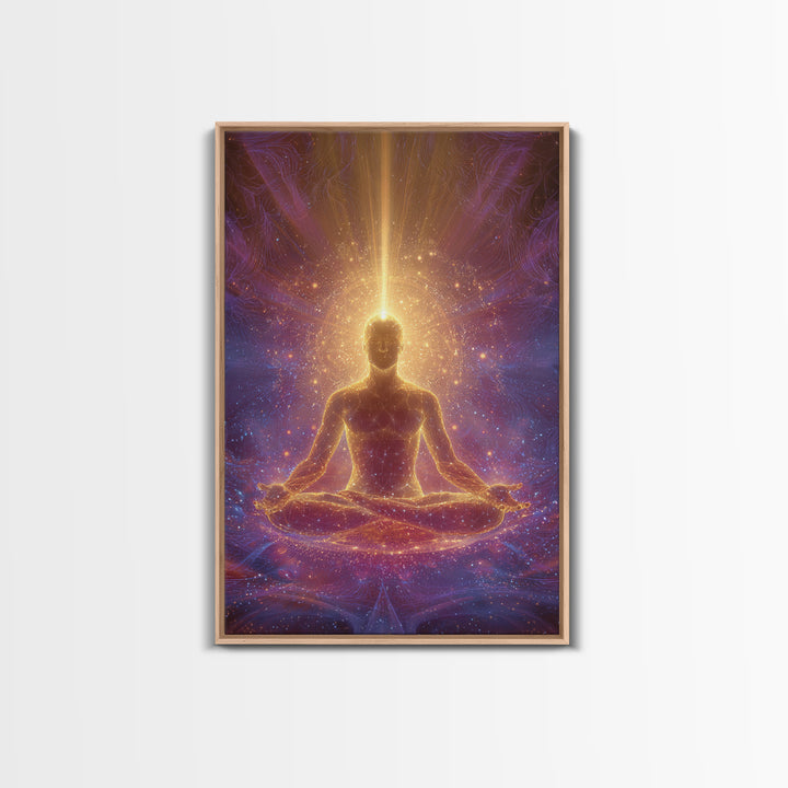 Spiritual Meditation Man Illuminated In Cosmic Energy Glow Wall Art Canvas Print For Mindfulness Home And Yoga