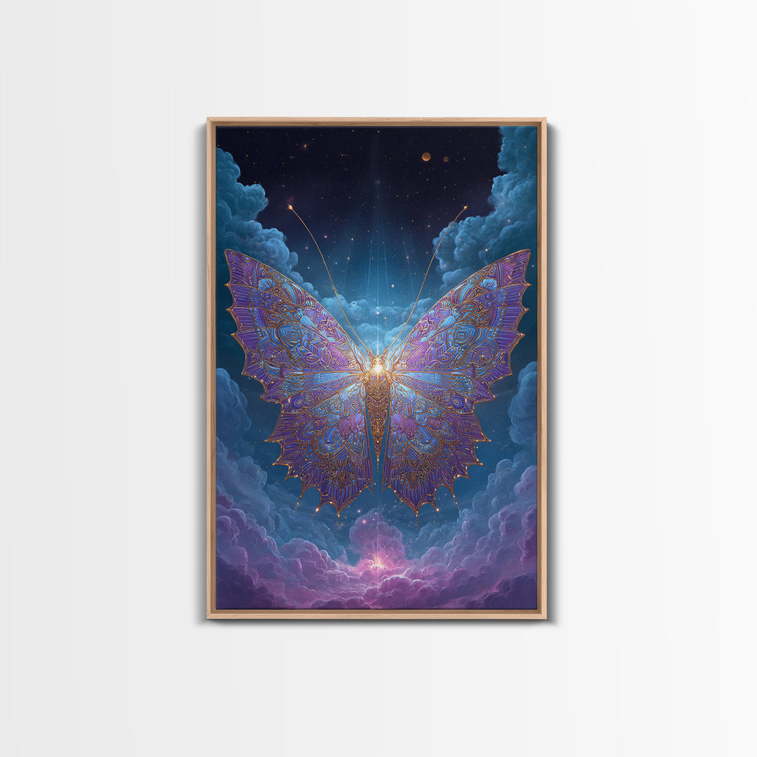 Radiant Celestial Butterfly Framed Canvas Print, Fantasy Insect Wall Art, Mystical Cloud Decor, Ethereal Nursery Gift Idea