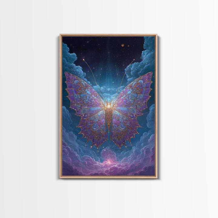 Radiant Celestial Butterfly Framed Canvas Print, Fantasy Insect Wall Art, Mystical Cloud Decor, Ethereal Nursery Gift Idea