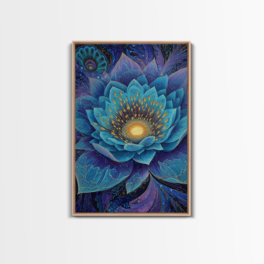 Radiant Blue Lotus Flower Wall Art, Spiritual Botanical Print, Meditation Room Decor, Boho Yoga Studio Canvas Gift For Her