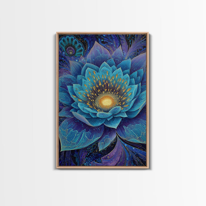 Radiant Blue Lotus Flower Wall Art, Spiritual Botanical Print, Meditation Room Decor, Boho Yoga Studio Canvas Gift For Her