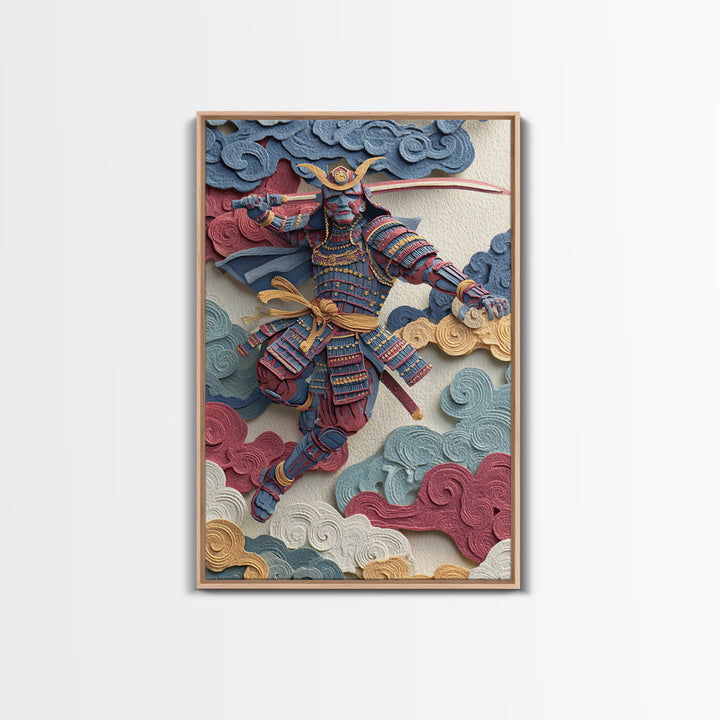 Blue Red Samurai Warrior With Katana Framed Canvas Print, Japanese Wall Art For Martial Arts Decor And Masculine Office Decor