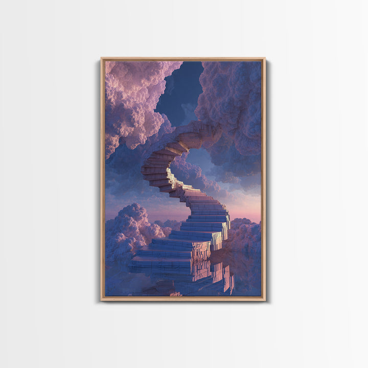 Stairway Through Pink Clouds Framed Canvas Print, Surreal Sky Wall Art, Dreamy Fantasy Decor, Ethereal Home Decor Gift Idea