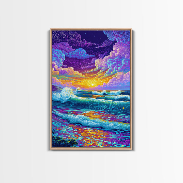 Colorful Ocean Waves Sunset Abstract Seascape Wall Art Canvas Print Bright Relaxing Living Room Decor Modern Coastal Art