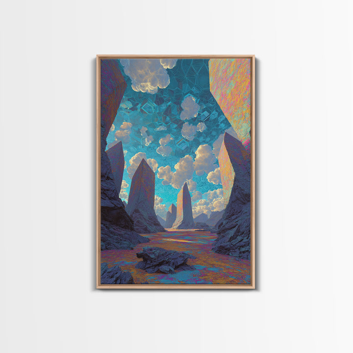Surreal Crystal Canyon With Floating Clouds Framed Canvas Print, Futuristic Landscape Wall Art, Sci Fi Home Decor, Office Decor