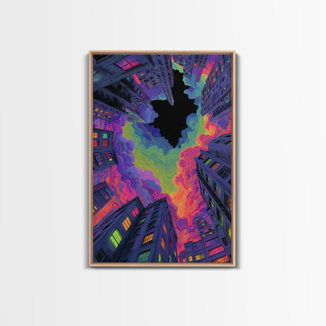 Neon City Skyscrapers Under Rainbow Clouds Wall Art, Urban Pop Art Print, Cyberpunk Decor, Modern Maximalist Living Room Wall Art