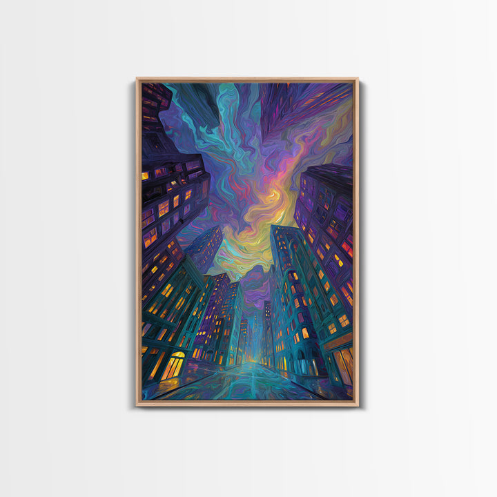 Swirling Neon City Skyline Framed Canvas Print, Psychedelic Urban Wall Art, Modern Apartment Decor, Colorful Living Room Gift