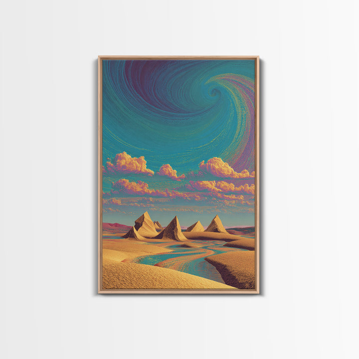 Surreal Desert Landscape With Pyramids And Swirling Sky Wall Art Modern Contemporary Canvas Print For Home Decor