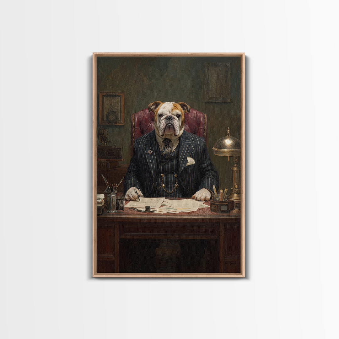 Bulldog Lawyer At Antique Desk Framed Canvas Print, Funny Dog Wall Art For Law Office Decor, Gentleman Pet Portrait Gift