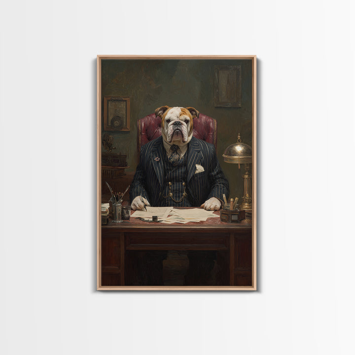 Bulldog Lawyer At Antique Desk Framed Canvas Print, Funny Dog Wall Art For Law Office Decor, Gentleman Pet Portrait Gift