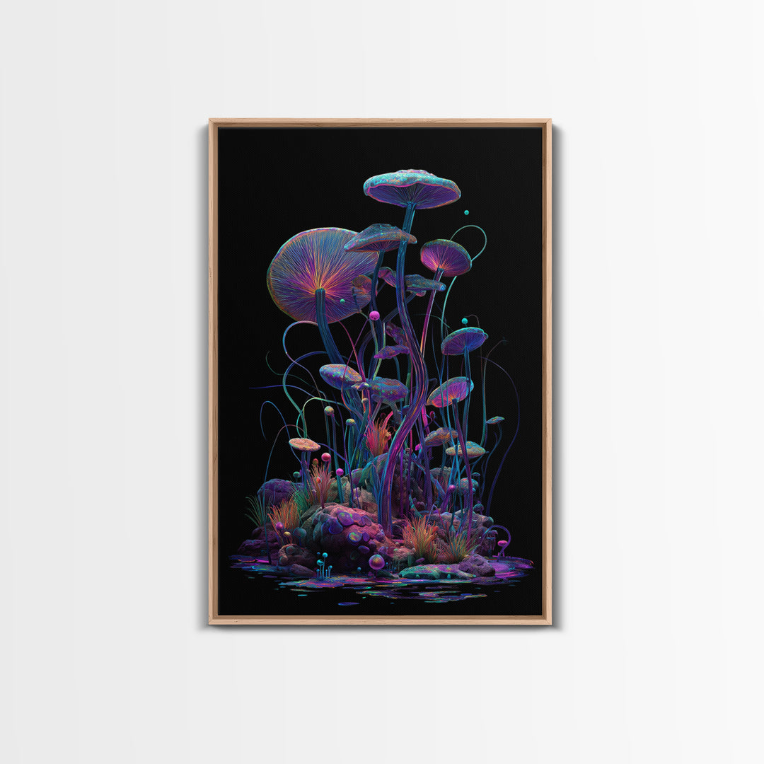 Bioluminescent Mushroom Garden On Black, Psychedelic Wall Art, Trippy Canvas Print, Gothic Decor, Unique Maximalist Gift