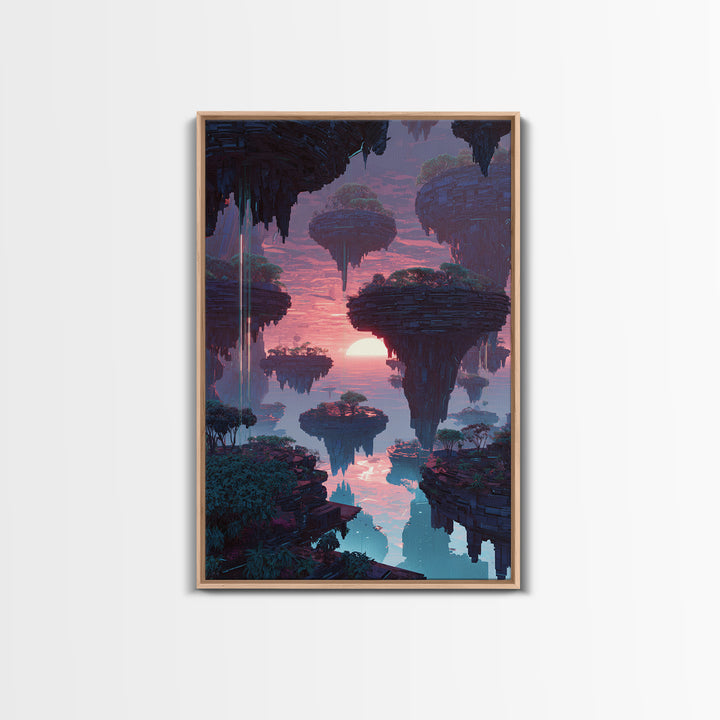 Futuristic Floating Islands With Lush Trees And Sunset Digital Fantasy Artwork Canvas Print Wall Art