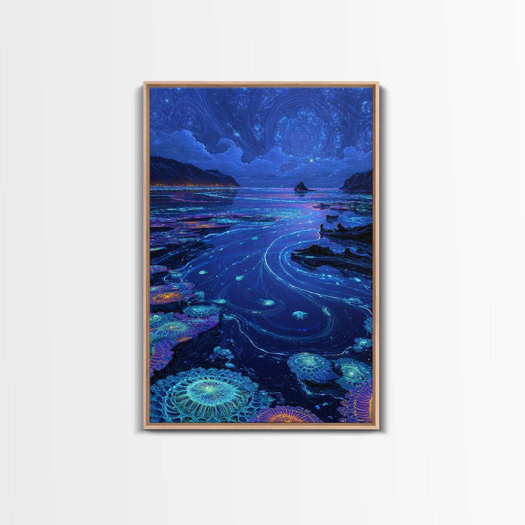 Bioluminescent Ocean Tide Pools Canvas Print, Blue Seascape Wall Art, Coastal Decor, Mystical Nature Art For Living Room
