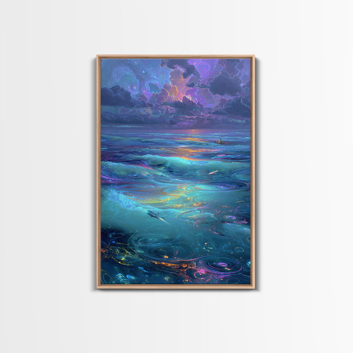 Fantasy Oceanic Scene With Sharks And Mystical Water Ripples Vibrant Colorful Wall Art Canvas Print