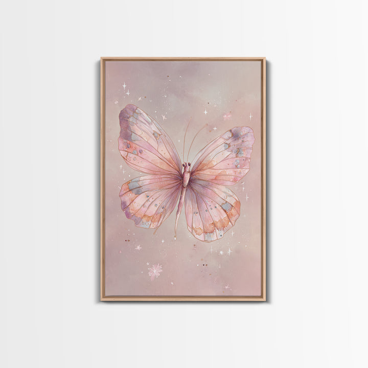 Pastel Pink Butterfly Watercolor Wall Art, Whimsical Butterfly Art Print, Nursery Decor, Feminine Bedroom Canvas Print Gift