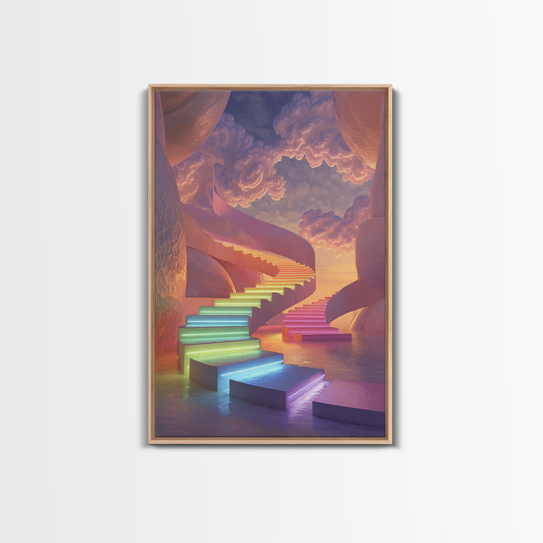 Dreamy Rainbow Stairway To Clouds Canvas Print, Surreal Pastel Fantasy Art, Celestial Wall Decor For Bedroom Home Decor Gift