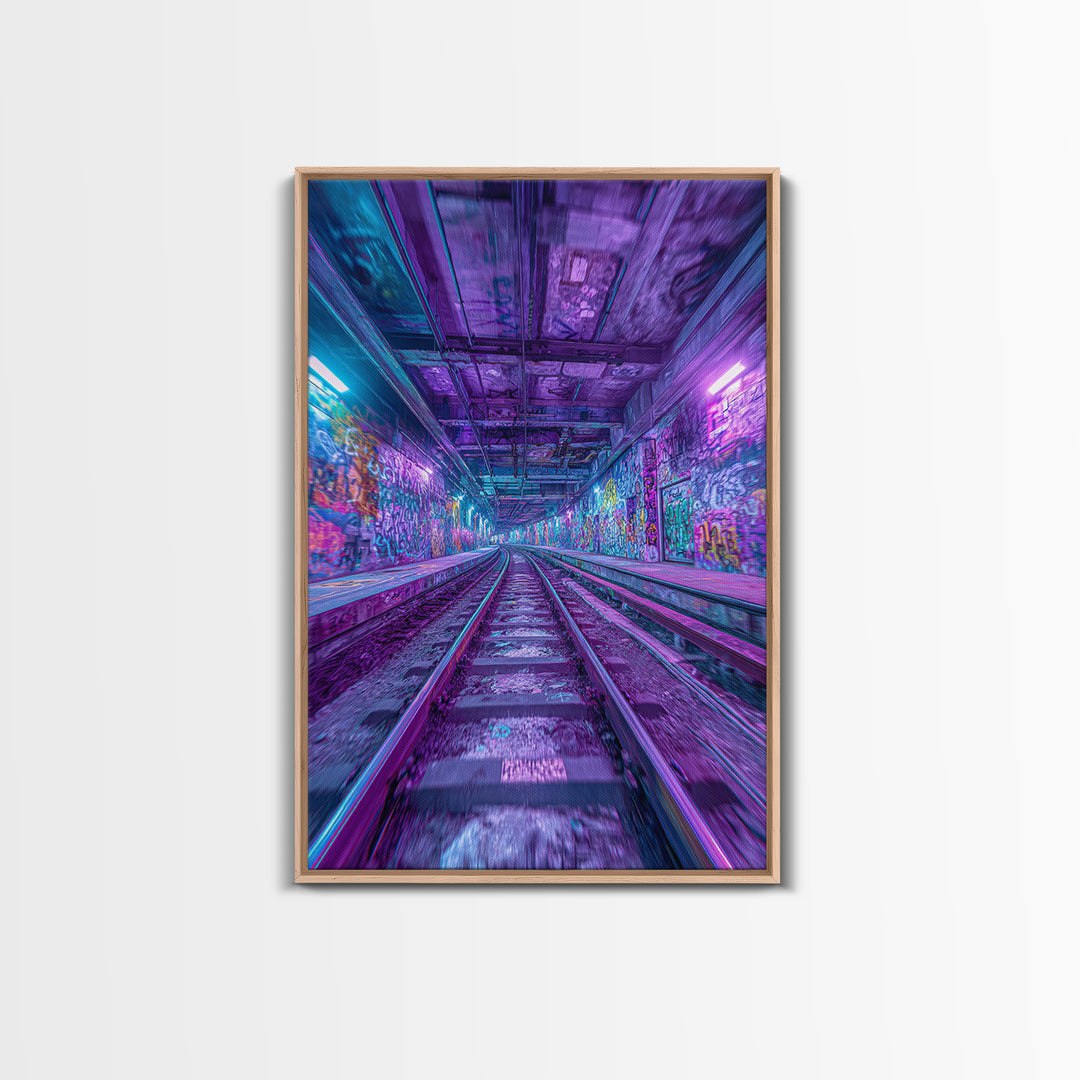 Neon Graffiti Subway Tunnel Wall Art, Cyberpunk City Canvas Print, Urban Street Decor, Apartment Gaming Room Gift For Him