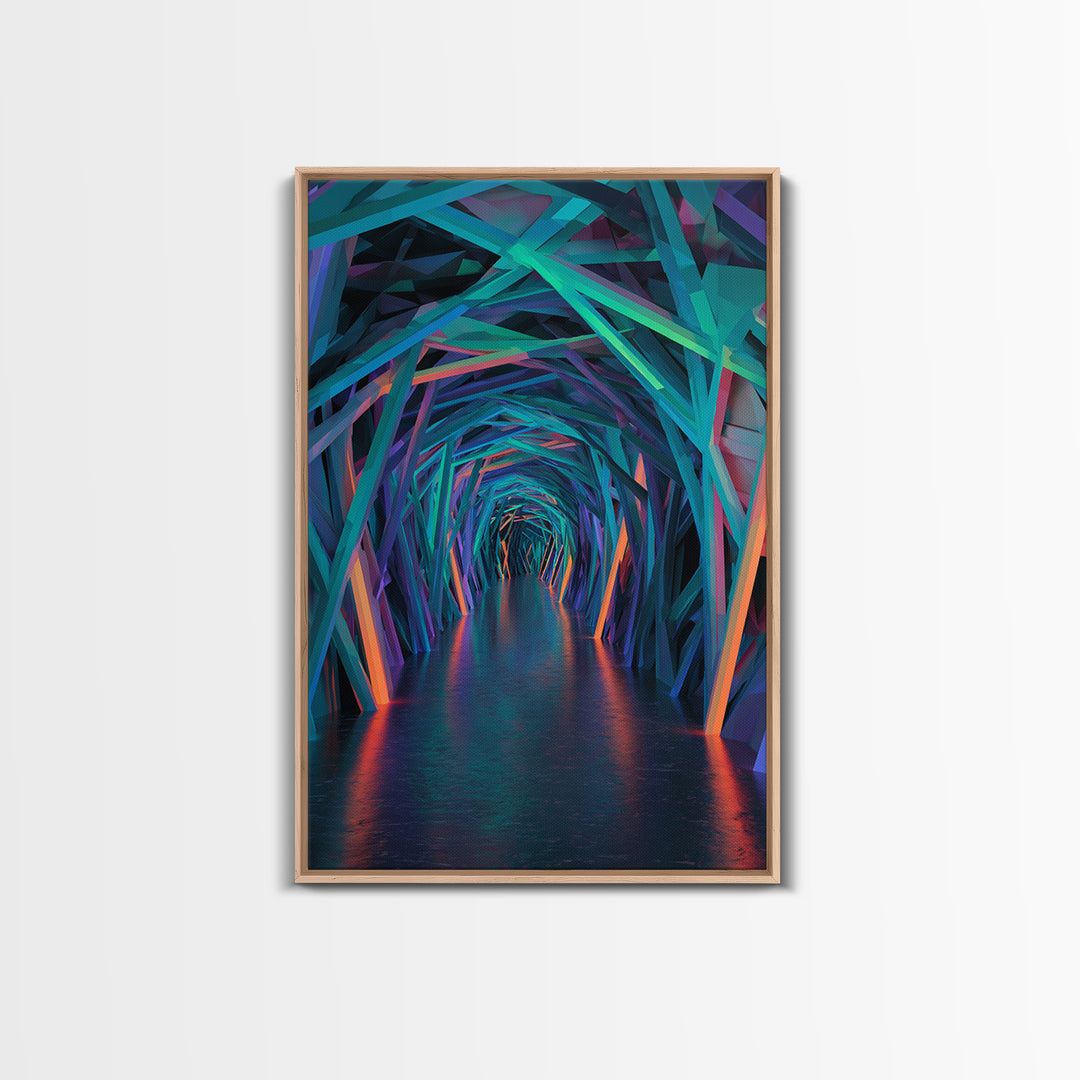 Neon Geometric Tunnel Wall Art, Futuristic Abstract Hallway Canvas, Cyberpunk Decor, Modern Office Statement Art Print Decor