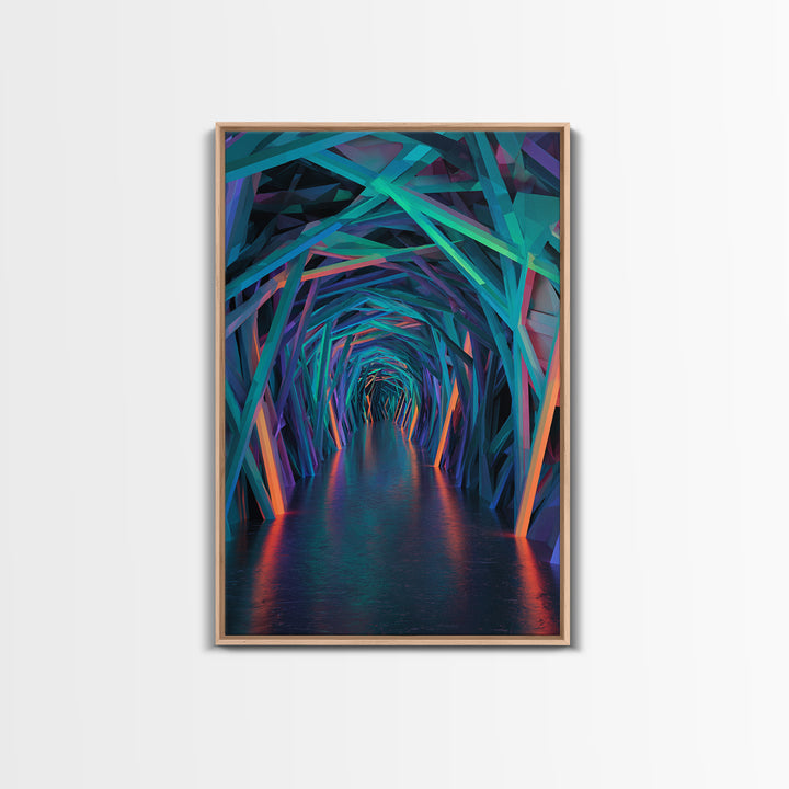 Neon Geometric Tunnel Wall Art, Futuristic Abstract Hallway Canvas, Cyberpunk Decor, Modern Office Statement Art Print Decor
