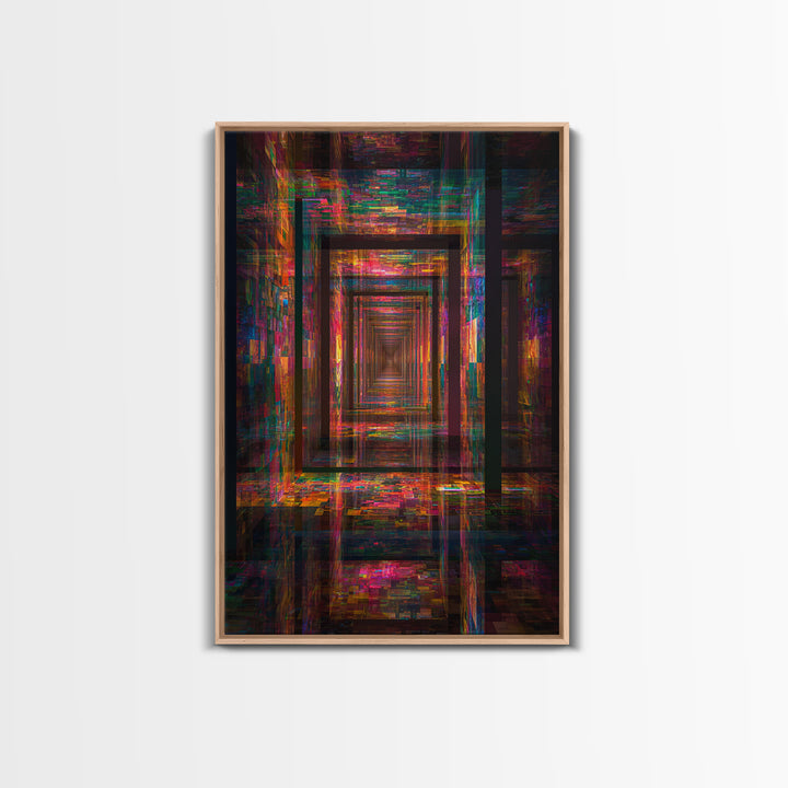 Neon Glitch Infinite Corridor, Cyberpunk Abstract Wall Art, Futuristic Canvas Print, Gaming Room Decor, Modern Office Art