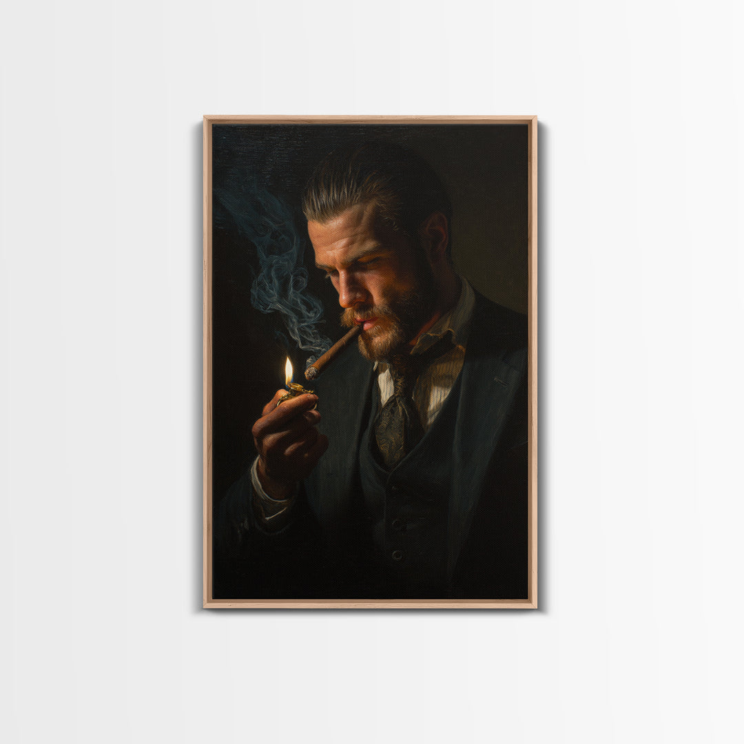 Moody Gentleman Lighting Cigar Framed Canvas Print, Dark Academia Portrait Oil Painting For Masculine Office And Man Cave Decor