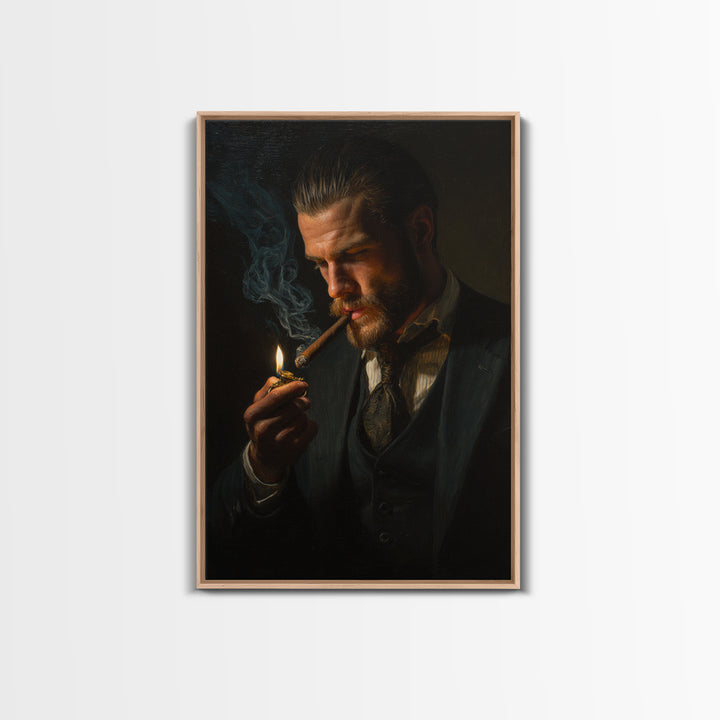 Moody Gentleman Lighting Cigar Framed Canvas Print, Dark Academia Portrait Oil Painting For Masculine Office And Man Cave Decor