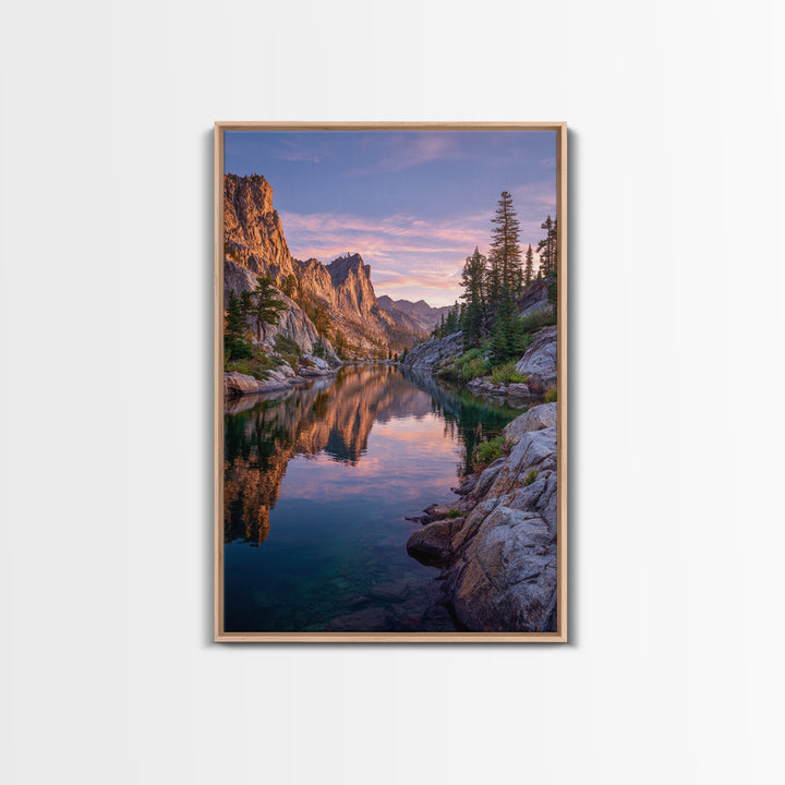 Stunning Mountain Lake Reflection At Sunset With Rocky Peaks And Pine Trees Wall Art Framed Canvas Print For Living Room