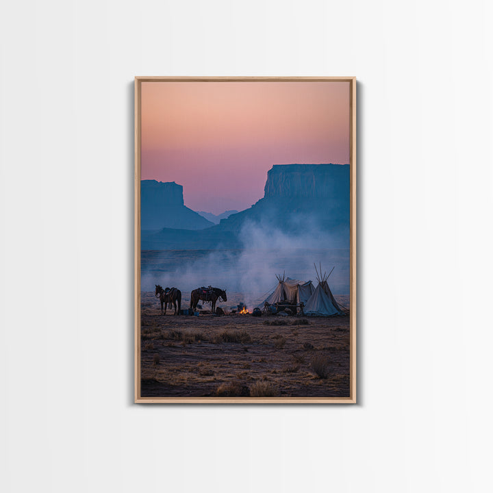 Misty Desert Sunrise With Horses And Teepees Landscape Photography Wall Art Print Large Wall Art