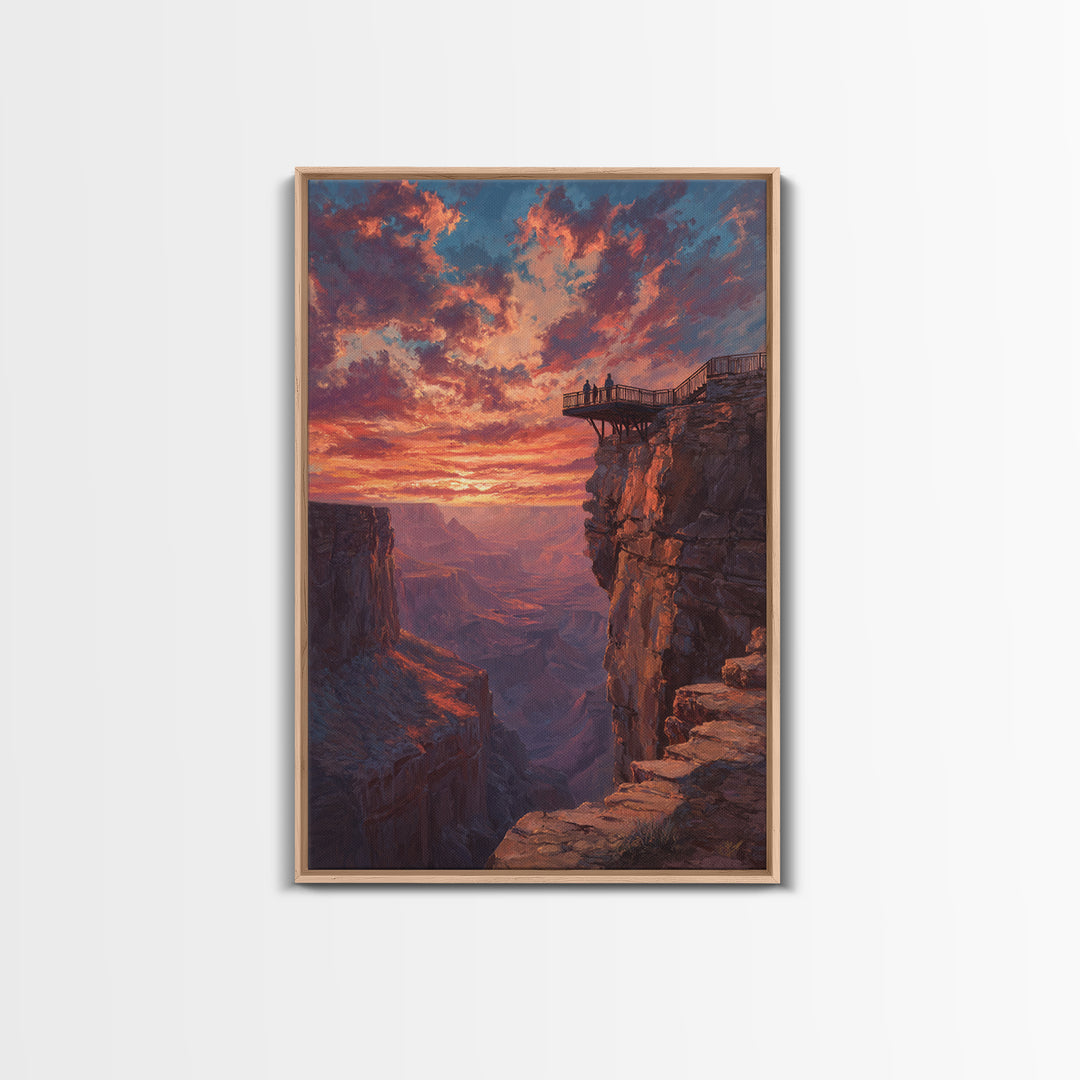 Grand Canyon Sunset With Dramatic Sky And Viewers On Overlook Wall Art Framed Canvas Print For Living Room Home Decor