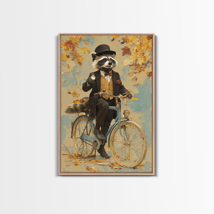 Whimsical Raccoon Riding Bicycle Canvas Print, Dapper Animal Wall Art For Nursery Room Decor And Quirky Animal Lover Gift