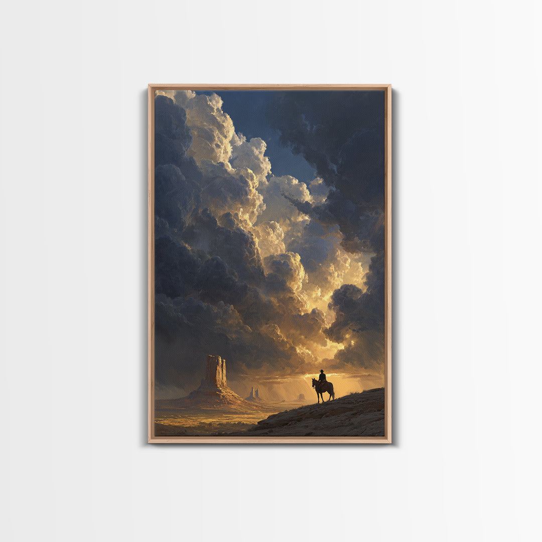Dramatic Western Landscape With Cowboy On Horse And Monument Valley Scene Wall Art Canvas Print For Rustic Decor