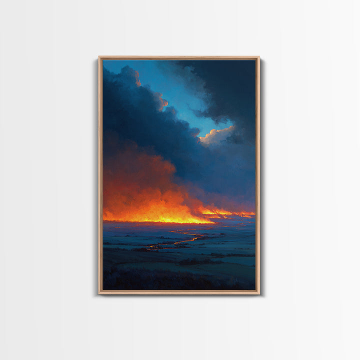 Dramatic Fire And Smoke Landscape Painting Large Wall Art Canvas Print For Rustic Home Decor And Office