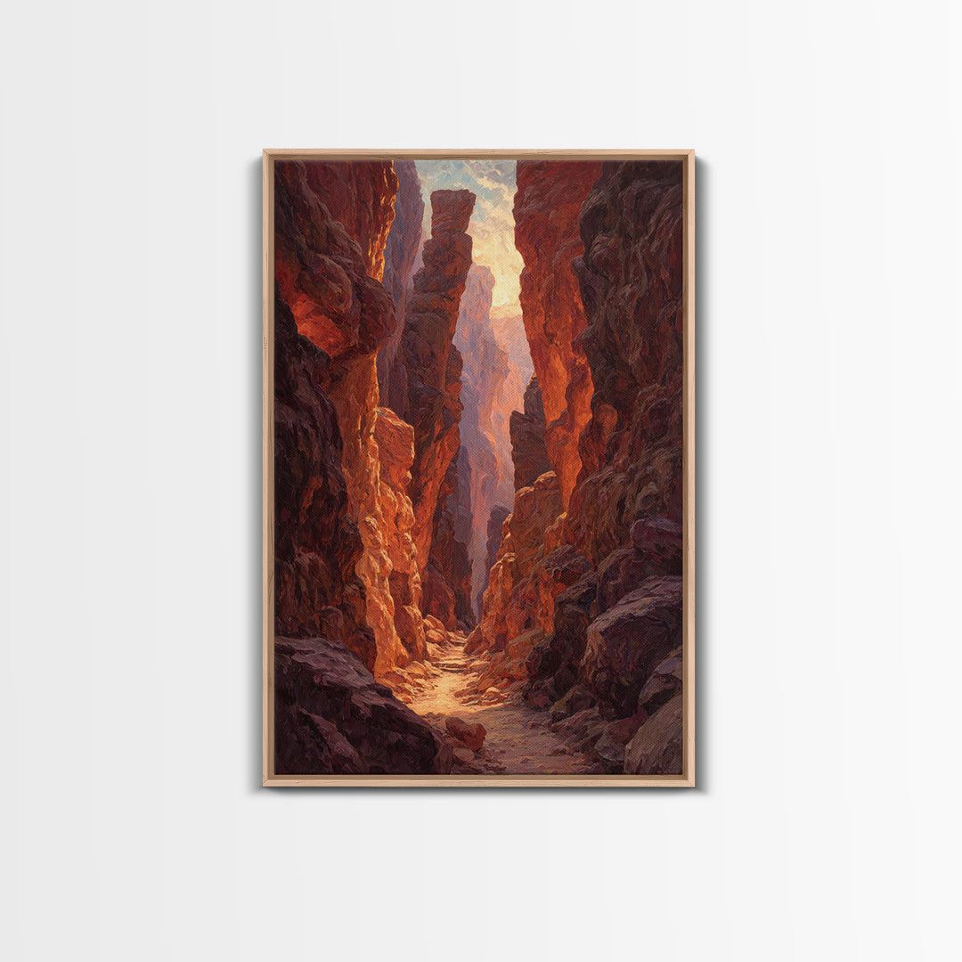 Sunlit Rocky Canyon With Warm Tones Nature Painting Wall Art Canvas Print Large Landscape Home Decor And Original Art