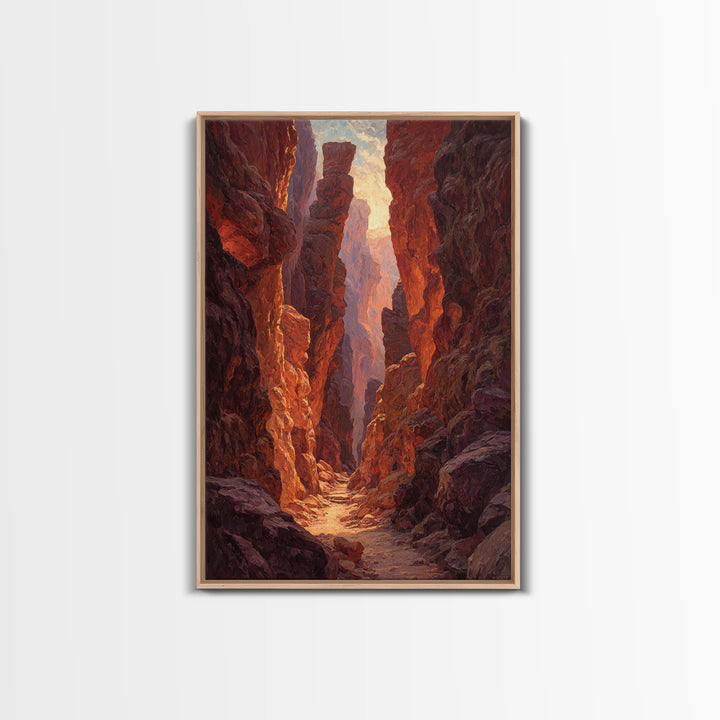 Sunlit Rocky Canyon With Warm Tones Nature Painting Wall Art Canvas Print Large Landscape Home Decor And Original Art