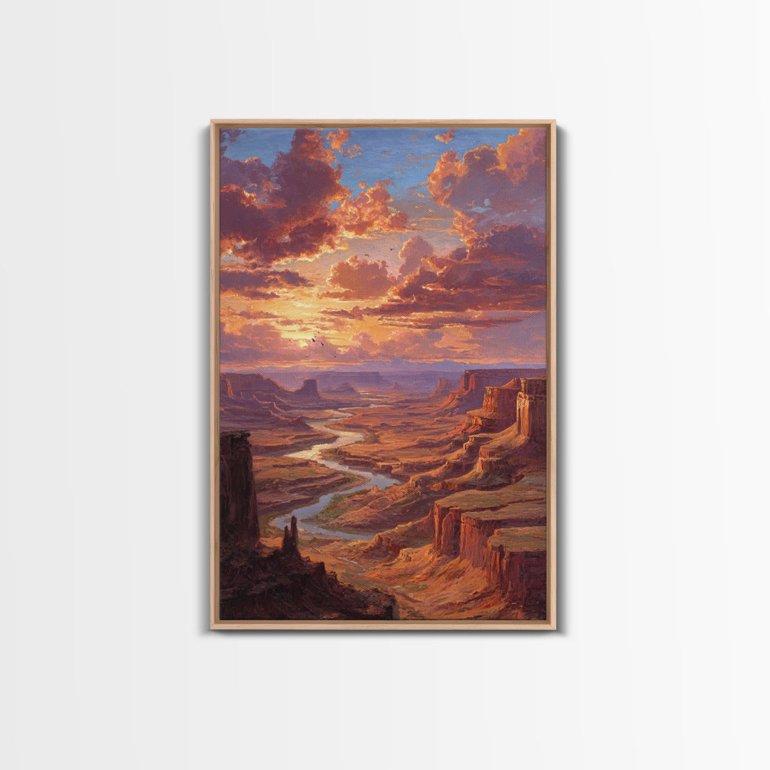 Sunset Over Canyon River Oil Painting Landscape Wall Art Large Framed Canvas Print Rustic Home Decor Gift For Nature Lovers