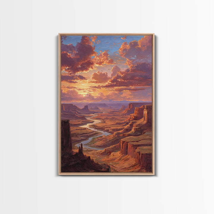 Sunset Over Canyon River Oil Painting Landscape Wall Art Large Framed Canvas Print Rustic Home Decor Gift For Nature Lovers