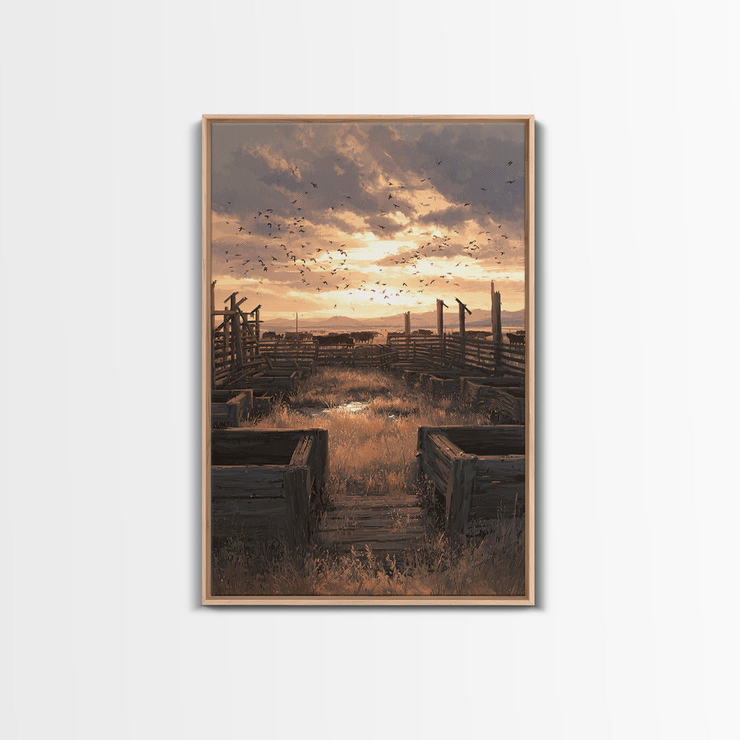 Rustic Landscape Oil Painting Of Cattle Corral At Sunset Wall Art Framed Canvas Print For Farmhouse Decor