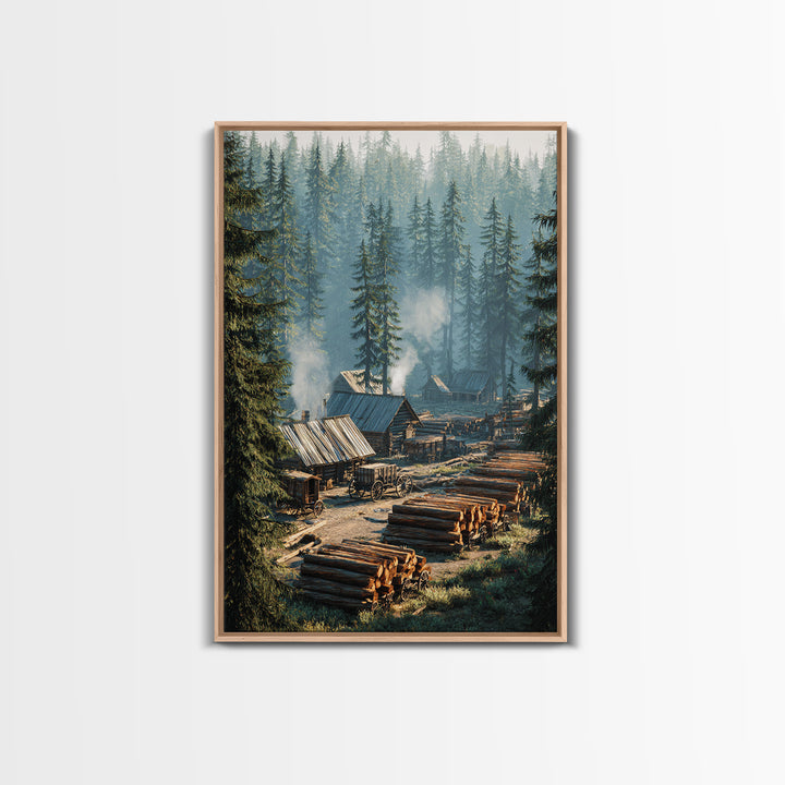 Rustic Log Cabin Village In Misty Forest Painting Wall Art Canvas Print For Cozy Home Decor Living Room Wall Art