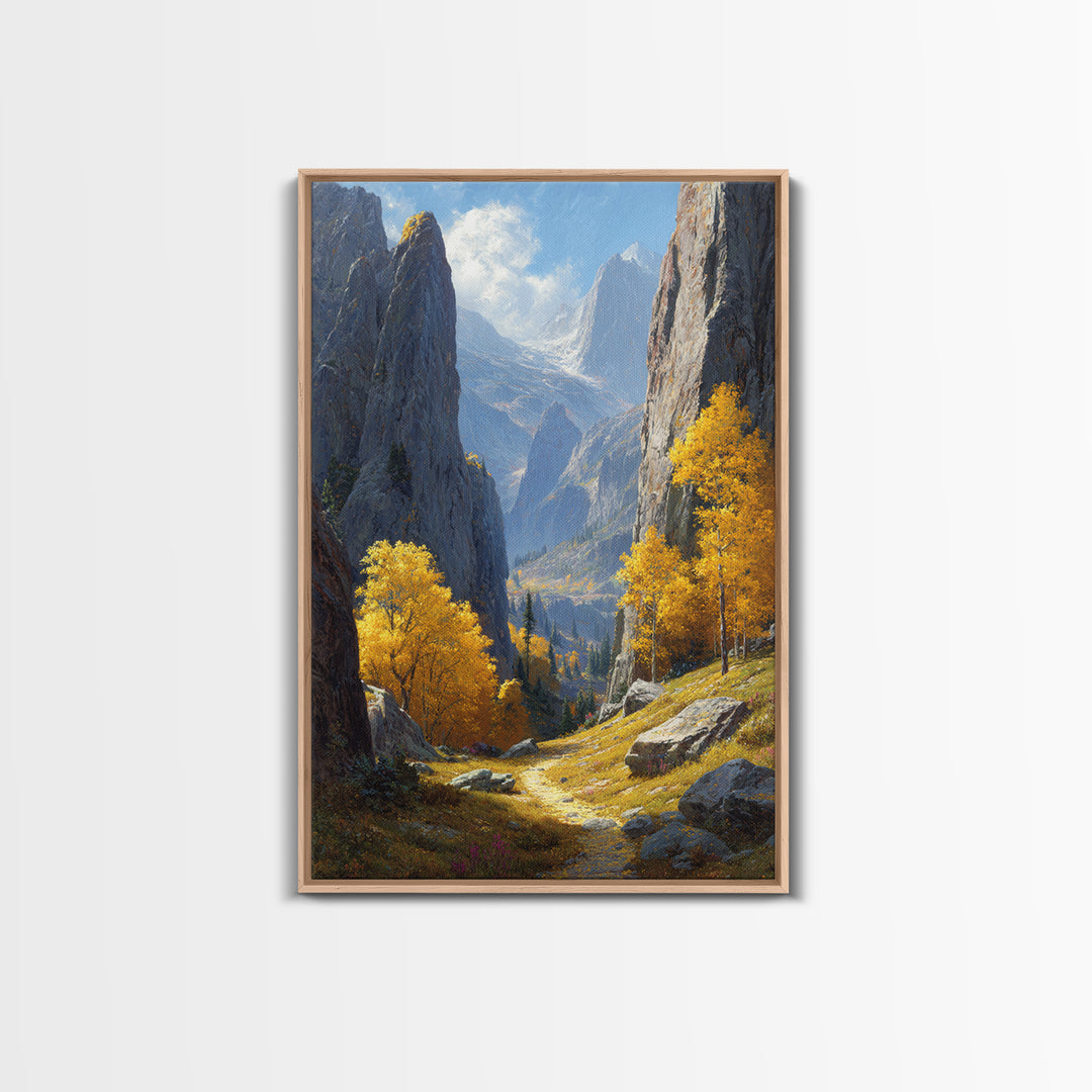 Majestic Mountain Valley Fall Landscape Painting Wall Art Framed Canvas Print For Warm Autumn Home Decor Living Room
