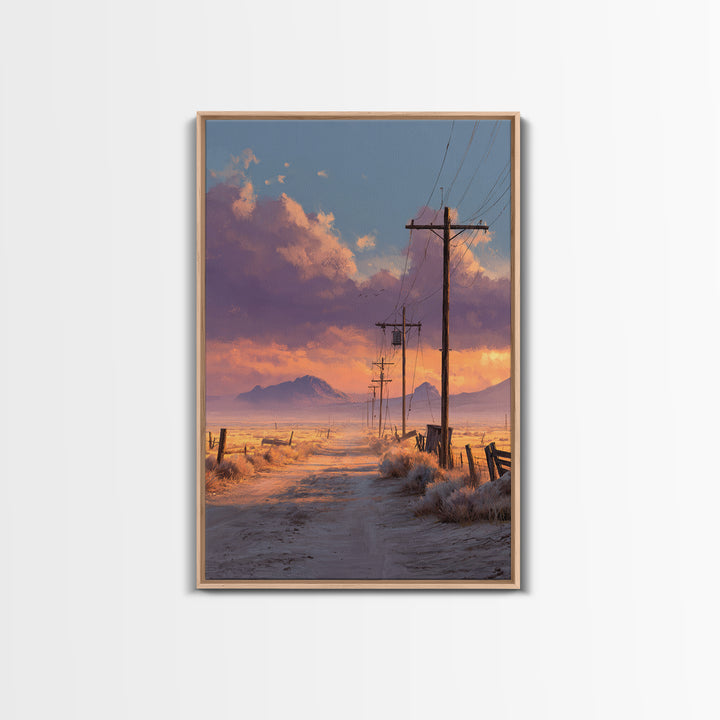 Desert Sunset Road With Power Poles And Mountains Minimalist Landscape Wall Art Framed Canvas Print For Modern Home