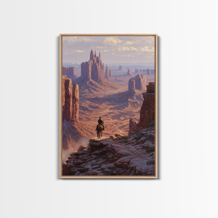 Western Cowboy Silhouette Watching Monument Valley Sunset Wall Art Print For Rustic Home Decor Living Room Framed Canvas Print
