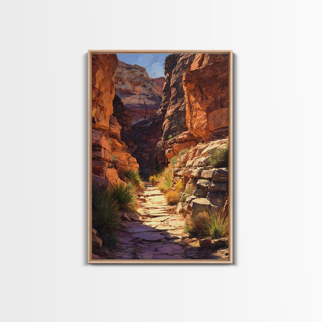 Rustic Canyon Pathway Desert Landscape Wall Art, Warm Earth Tones Framed Canvas Print For Modern Living Room Decor